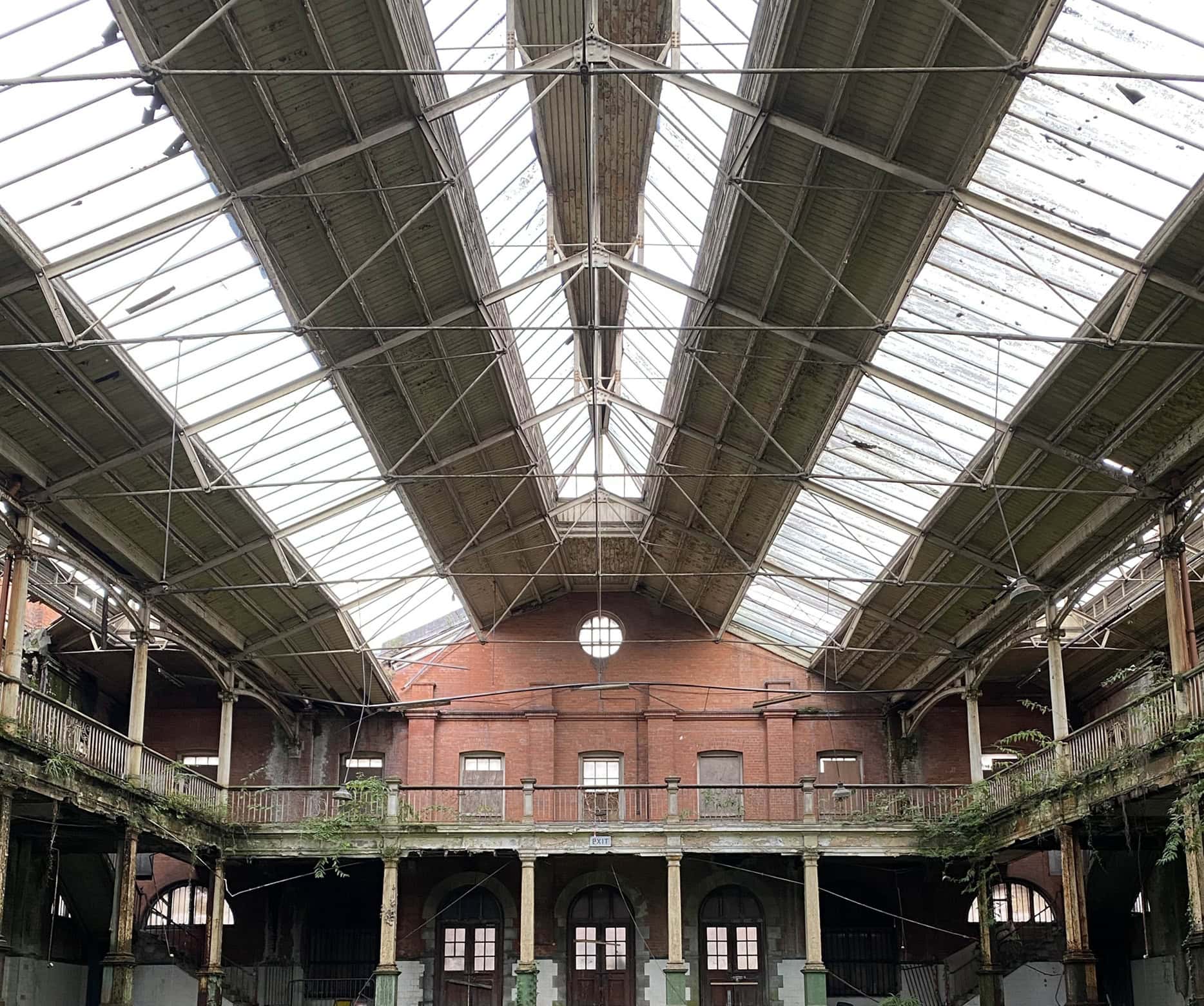 The roof from derelict Iveagh Markets in Dublin from inside